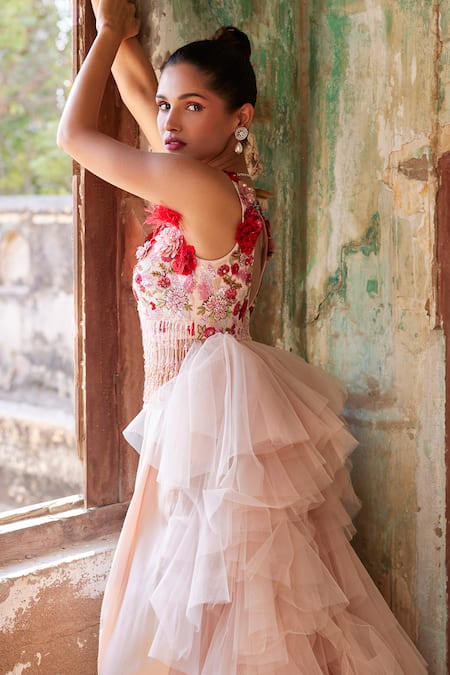 Shop_Varun Bahl_Pink Modal, Satin, Net Embroidery V-neck Floral Corsage Top With Trouser _at_Aza_Fashions