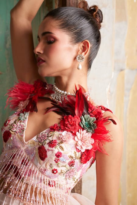 Varun Bahl_Pink Modal, Satin, Net Embroidery V-neck Floral Corsage Top With Trouser _Online_at_Aza_Fashions