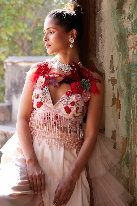 Buy_Varun Bahl_Pink Modal, Satin, Net Embroidery V-neck Floral Corsage Top With Trouser _Online_at_Aza_Fashions