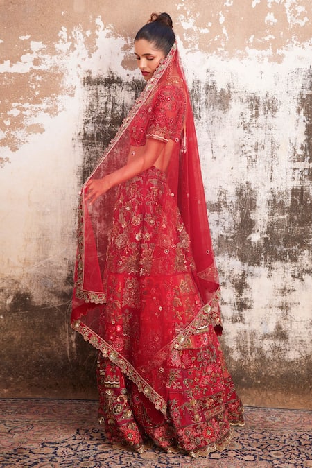 Shop_Varun Bahl_Red Modal, Organza, Net Sequins, Nakshi And Swarovski Bridal Lehenga Set _at_Aza_Fashions