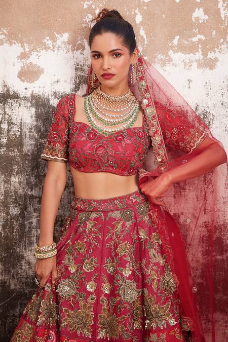 Varun Bahl_Red Modal, Organza, Net Sequins, Nakshi And Swarovski Bridal Lehenga Set _Online_at_Aza_Fashions