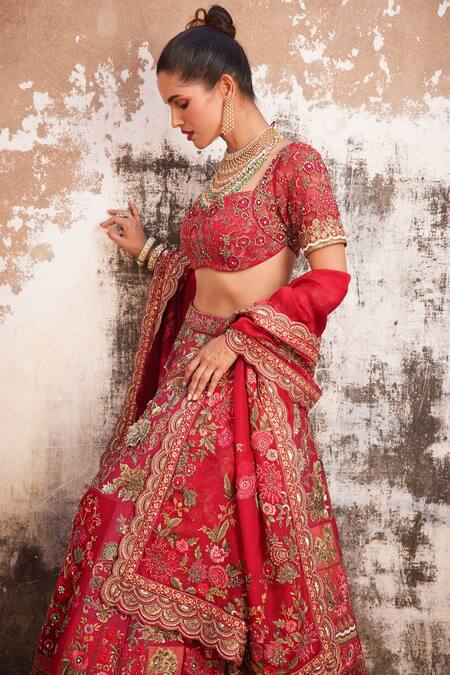 Buy_Varun Bahl_Red Modal, Organza, Net Sequins, Nakshi And Swarovski Bridal Lehenga Set _Online_at_Aza_Fashions