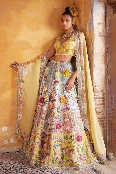 Shop_Varun Bahl_Multi Color Modal, Organza Sequins Flower Swarvoski Embroidered Lehenga Set _at_Aza_Fashions