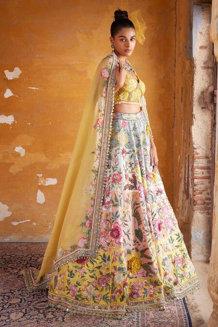 Varun Bahl_Multi Color Modal, Organza Sequins Flower Swarvoski Embroidered Lehenga Set _Online_at_Aza_Fashions