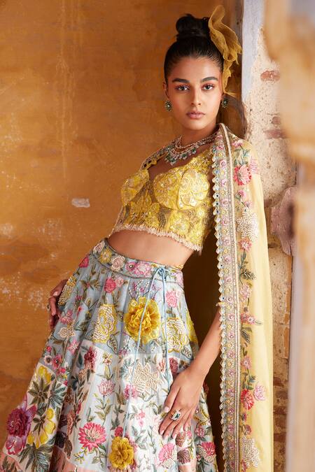 Buy_Varun Bahl_Multi Color Modal, Organza Sequins Flower Swarvoski Embroidered Lehenga Set _Online_at_Aza_Fashions
