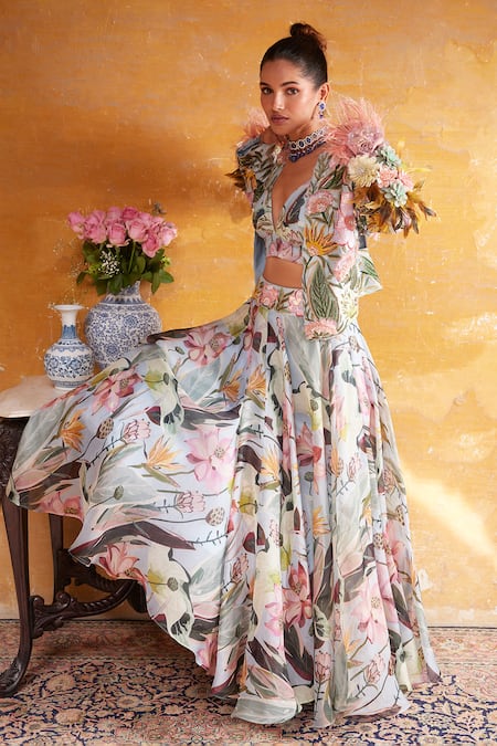 Shop_Varun Bahl_Blue Chanderi, Organza Embroidery, Sequins, Floral Embellished Jacket Skirt Set _at_Aza_Fashions