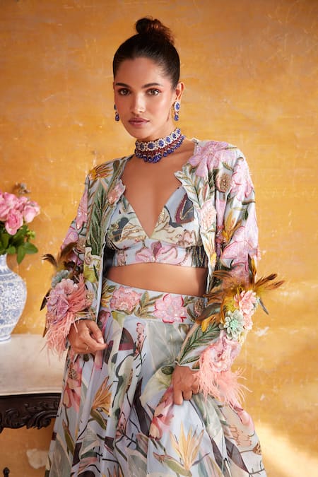 Varun Bahl_Blue Chanderi, Organza Embroidery, Sequins, Floral Embellished Jacket Skirt Set _Online_at_Aza_Fashions