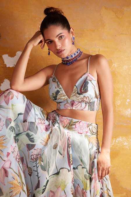 Buy_Varun Bahl_Blue Chanderi, Organza Embroidery, Sequins, Floral Embellished Jacket Skirt Set _Online_at_Aza_Fashions