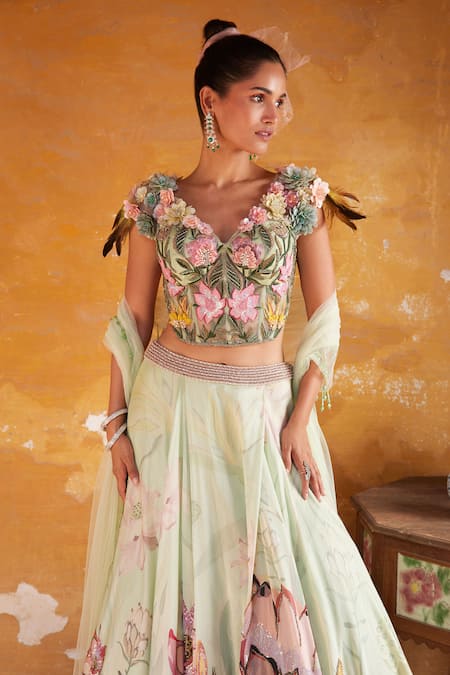 Shop_Varun Bahl_Green Chanderi, Net Embroidery, Sequins V-neck Floral Print Skirt Set _at_Aza_Fashions