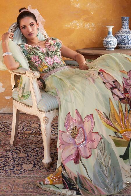 Varun Bahl_Green Chanderi, Net Embroidery, Sequins V-neck Floral Print Skirt Set _Online_at_Aza_Fashions