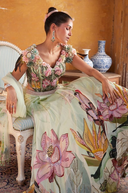 Buy_Varun Bahl_Green Chanderi, Net Embroidery, Sequins V-neck Floral Print Skirt Set _Online_at_Aza_Fashions