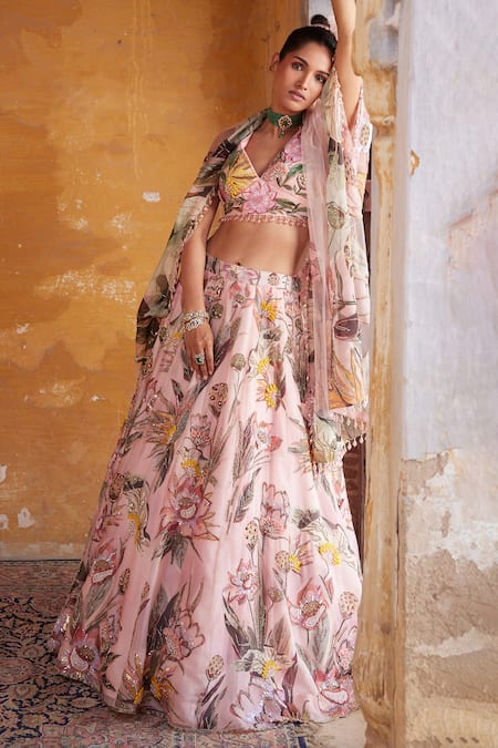 Shop_Varun Bahl_Pink Organza, Net Crystals, Sequins, Swarovski Embellished Bridal Lehenga Set _at_Aza_Fashions