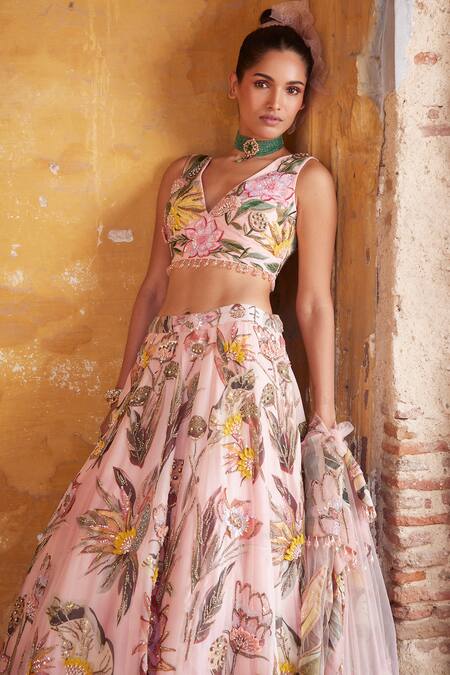 Varun Bahl_Pink Organza, Net Crystals, Sequins, Swarovski Embellished Bridal Lehenga Set _Online_at_Aza_Fashions