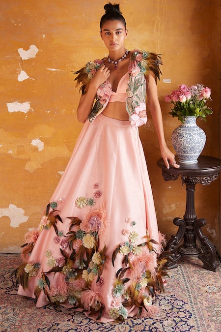 Varun Bahl Pink Mono Net Embellished 3d Floral Gilet Open Skirt Set 
