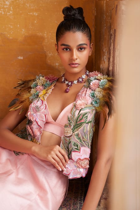 Shop Varun Bahl Pink Modal, Net Feathers, Sequins, 3d Floral Embellished Gilet Skirt Set at Aza Fashions Shop_Varun Bahl_Pink Modal, Net Feathers, Sequins, 3d Floral Embellished Gilet Skirt Set _at_Aza_Fashions
