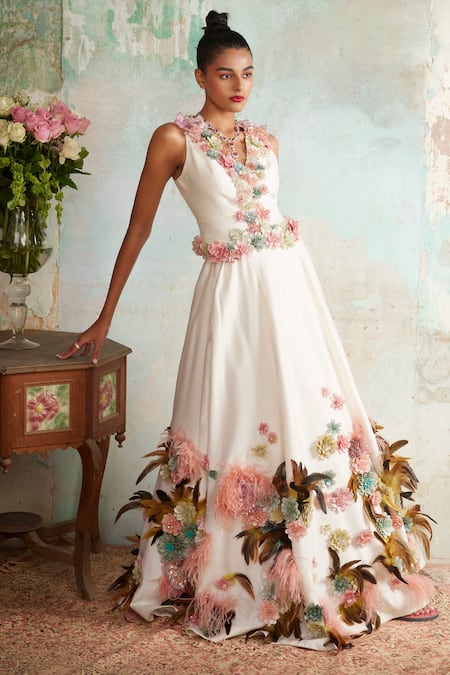 Shop_Varun Bahl_Ivory Chanderi Feathers, Embroidery, 3d Flower Embellished Gilet And Lehenga Set _at_Aza_Fashions