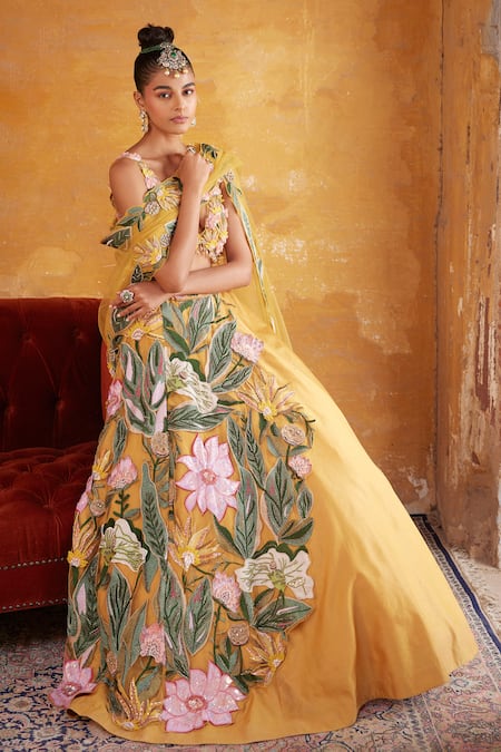 Shop_Varun Bahl_Yellow Chanderi, Net Embroidery, Beads, 3d Floral Embellished Draped Lehenga Set _at_Aza_Fashions