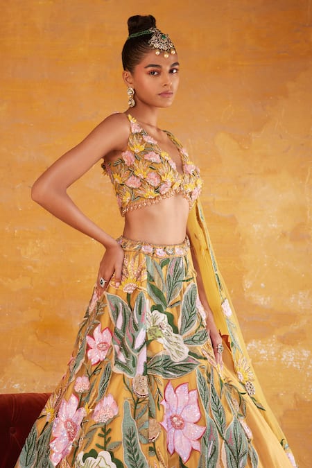 Varun Bahl_Yellow Chanderi, Net Embroidery, Beads, 3d Floral Embellished Draped Lehenga Set _Online_at_Aza_Fashions