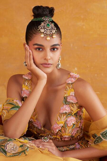 Buy_Varun Bahl_Yellow Chanderi, Net Embroidery, Beads, 3d Floral Embellished Draped Lehenga Set _Online_at_Aza_Fashions