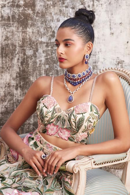 Varun Bahl_Beige Organza, Net Sequins, Cut Work, Swarovski Embroidered Skirt And Corset Set _Online_at_Aza_Fashions