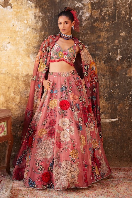 Shop_Varun Bahl_Pink Organza, Chanderi Beads, Sequins, Crystals Floral Print Bridal Lehenga Set _at_Aza_Fashions
