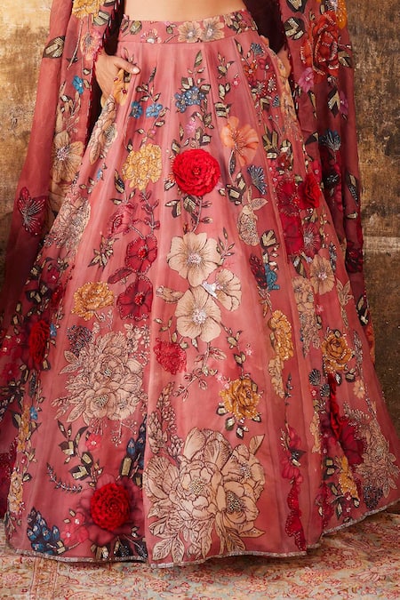 Shop_Varun Bahl_Pink Organza, Chanderi Beads, Sequins, Crystals Floral Print Bridal Lehenga Set _Online_at_Aza_Fashions