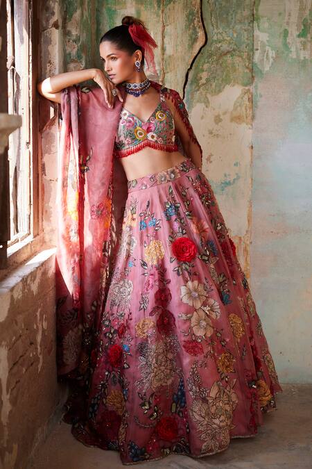 Varun Bahl_Pink Organza, Chanderi Beads, Sequins, Crystals Floral Print Bridal Lehenga Set _at_Aza_Fashions
