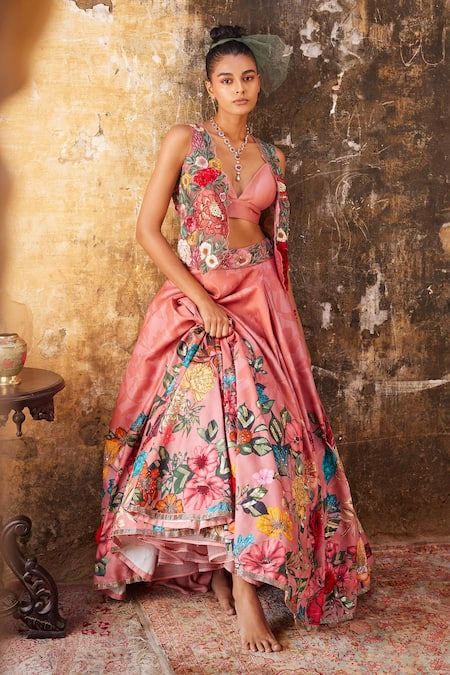 Shop Varun Bahl Pink Chanderi, Net, Modal Sequins, Cut Work Floral Embroidered Gilet Lehenga Set at Aza Fashions Shop_Varun Bahl_Pink Chanderi, Net, Modal Sequins, Cut Work Floral Embroidered Gilet Lehenga Set _at_Aza_Fashions