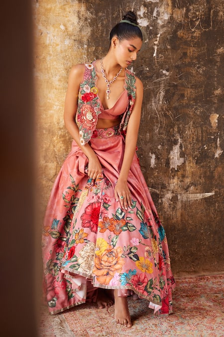 Buy Varun Bahl Pink Chanderi, Net, Modal Sequins, Cut Work Floral Embroidered Gilet Lehenga Set Online at Aza Fashions Buy_Varun Bahl_Pink Chanderi, Net, Modal Sequins, Cut Work Floral Embroidered Gilet Lehenga Set _Online_at_Aza_Fashions