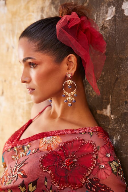 Buy Varun Bahl Pink Organza Sequins, Beads Plunge Neck Floral Print Saree With Bralette Online at Aza Fashions Buy_Varun Bahl_Pink Organza Sequins, Beads Plunge Neck Floral Print Saree With Bralette _Online_at_Aza_Fashions