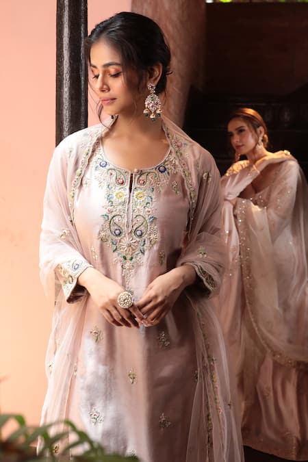 Kalighata_Pink Organza Embroidery Round Neck Zardozi Kurta Set _Online_at_Aza_Fashions