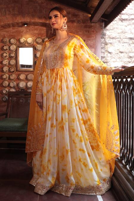 Buy_Kalighata_Yellow Organza Gota Patti, Embroidery Round Neck Tie-dye Anarkali With Dupatta _Online_at_Aza_Fashions