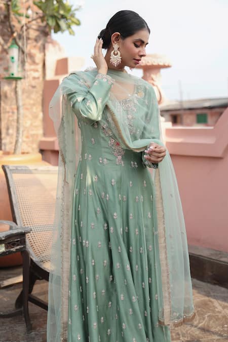 Shop_Kalighata_Blue Organza Embroidery Round Neck Resham Anarkali Set _at_Aza_Fashions