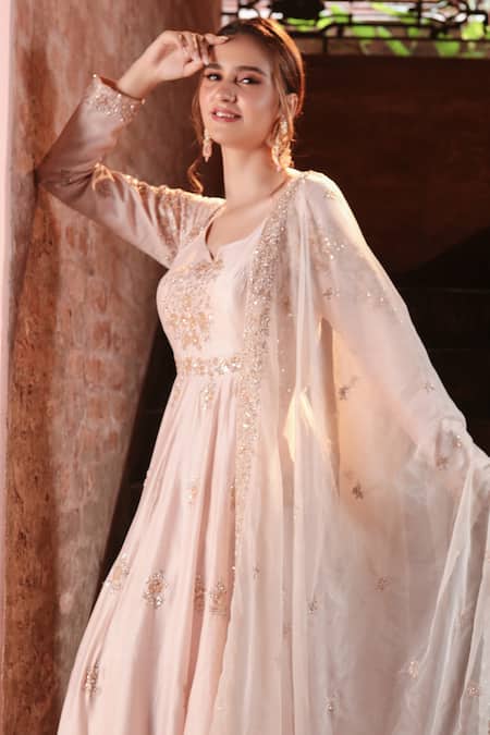Kalighata_Peach Chanderi Sequins, Embroidery Round Neck Anarkali Set _Online_at_Aza_Fashions