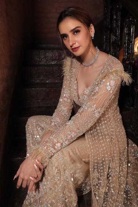 Kalighata_Grey Net Sequins V-neck Floral Embroidered Jacket Sharara Set _Online_at_Aza_Fashions