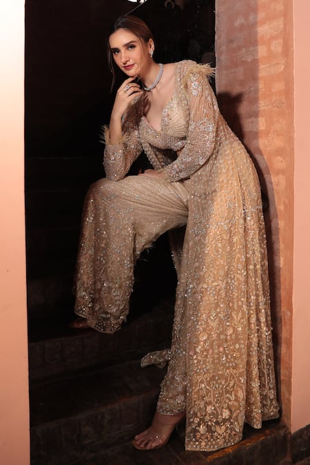 Buy_Kalighata_Grey Net Sequins V-neck Floral Embroidered Jacket Sharara Set _Online_at_Aza_Fashions