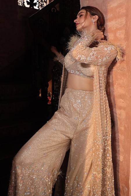 Shop_Kalighata_Grey Net Sequins V-neck Floral Embroidered Jacket Sharara Set _Online_at_Aza_Fashions