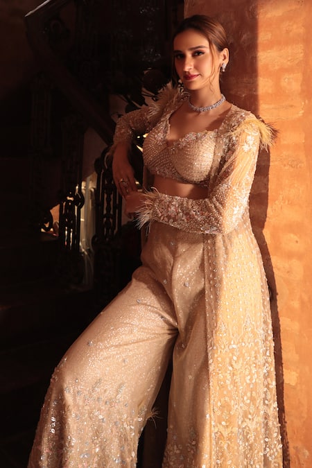 Kalighata_Grey Net Sequins V-neck Floral Embroidered Jacket Sharara Set _at_Aza_Fashions