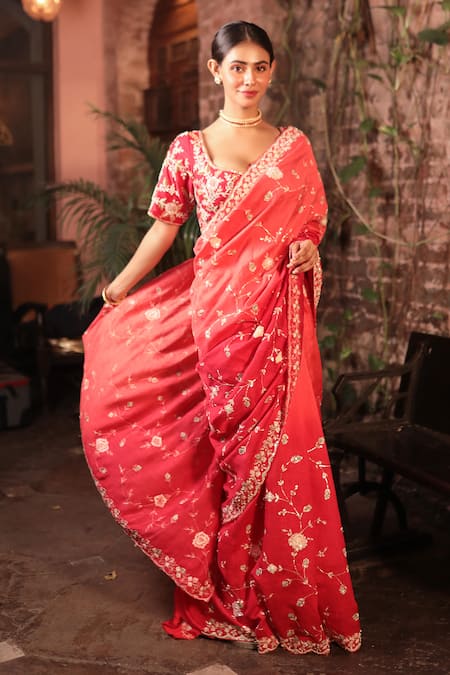 Kalighata Red Tussar Embroidered Floral Jaal Saree With Unstitched Blouse Piece 