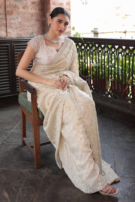 Kalighata Zardozi Floral Embroidered Saree With Unstitched Blouse Piece 