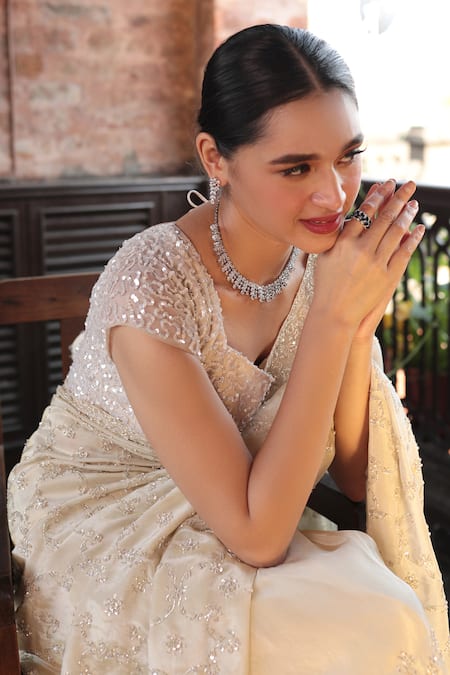 Kalighata_Gold Tissue Zari Zardozi Floral Embroidered Saree With Unstitched Blouse Piece _Online_at_Aza_Fashions