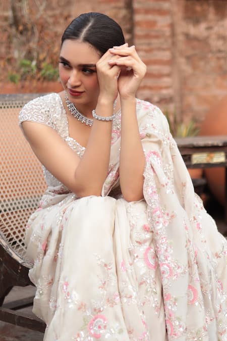 Kalighata Floral Sequin Embellished Saree With Unstitched Blouse Piece 