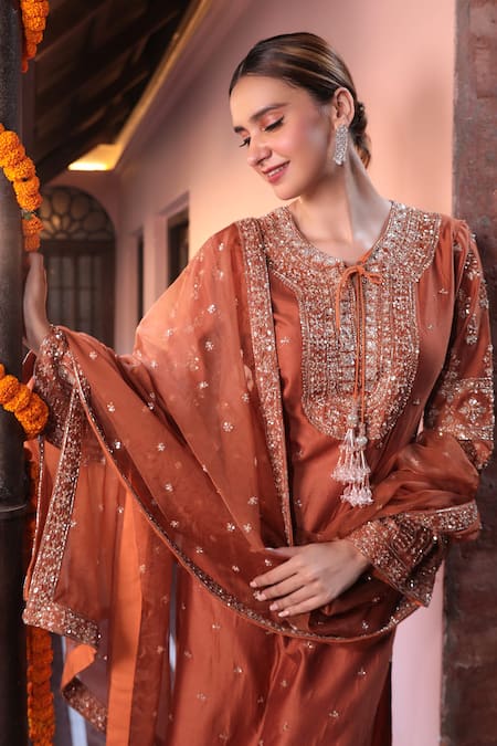Shop_Kalighata_Brown Organza Embroidery, Sequins, Zari Keyhole Neck Embellished Kurta Pant Set _at_Aza_Fashions