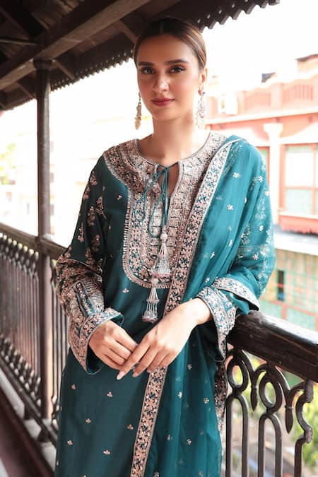 Shop_Kalighata_Blue Chanderi Sequins, Cut Work Keyhole Neck Floral Embroidered Kurta Pant Set _at_Aza_Fashions