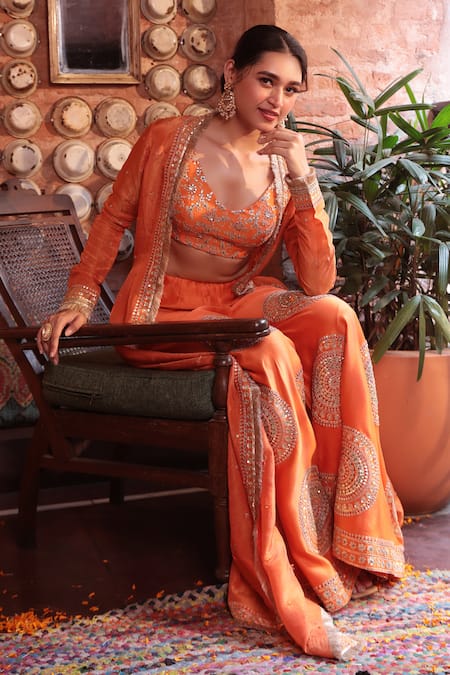 Kalighata Orange Tissue Chanderi Embroidered Floral Gota Patti Sharara Set 