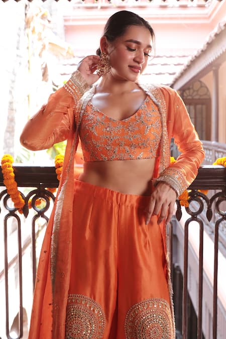 Shop_Kalighata_Orange Chanderi Embroidery, Gota Patti V-neck, Tissue Jacket Sharara Set _at_Aza_Fashions