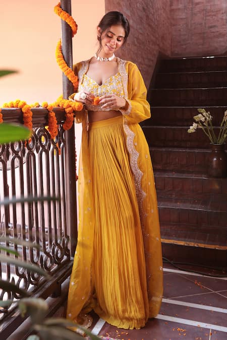 Kalighata Yellow Georgette Organza Embroidered Sequin Embellished Lehenga Set 