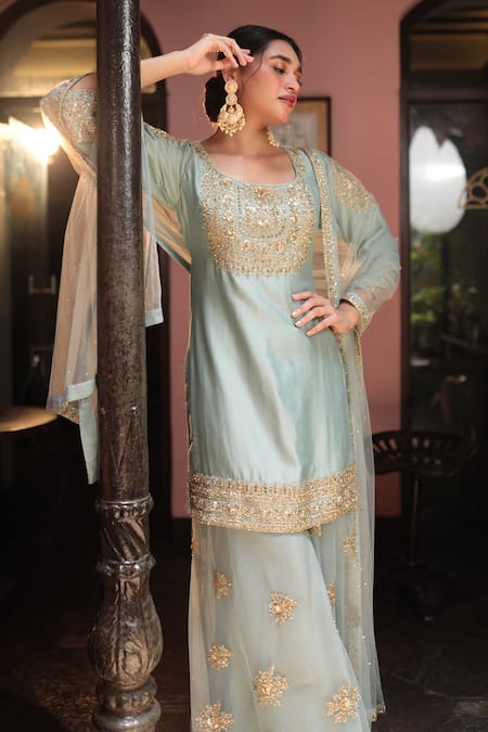 Shop_Kalighata_Blue Organza Embroidery Round Neck Cutdana Kurta Sharara Set _at_Aza_Fashions