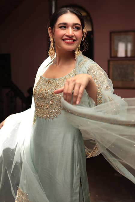 Kalighata_Blue Organza Embroidery Round Neck Cutdana Kurta Sharara Set _Online_at_Aza_Fashions