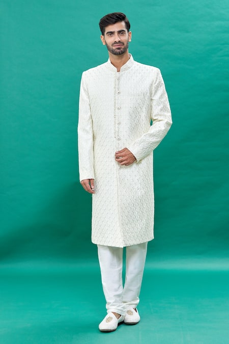 Rng Safawala Off White Silk Sequins Floral Pattern Sherwani Set Online at Aza Fashions Rng Safawala_Off White Silk Sequins Floral Pattern Sherwani Set _Online_at_Aza_Fashions